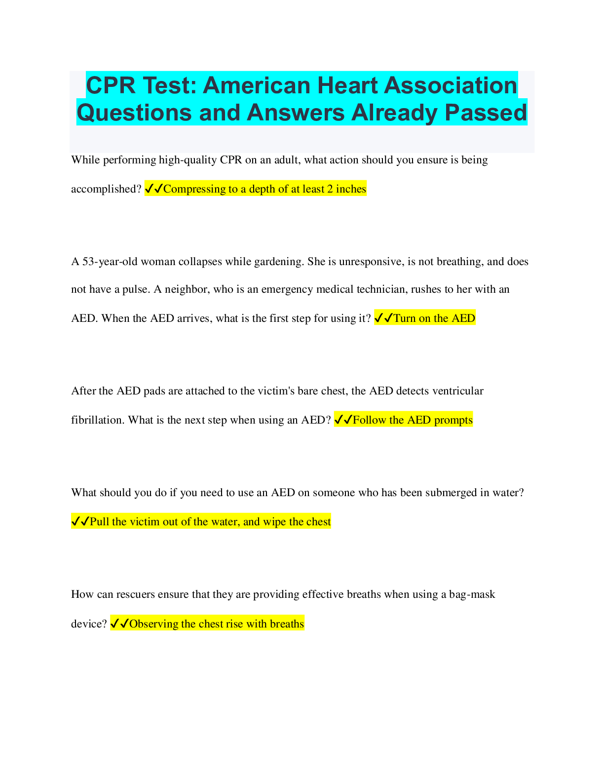 CPR-Test-American-Heart-Association Questions and Answers Already Passed